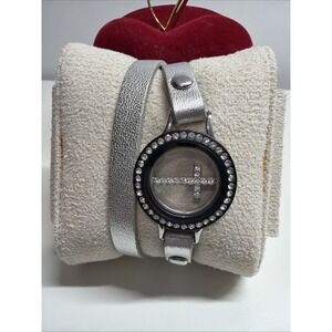 Origami Owl Silver 14" Leather Wrap Bracelet Crystal Cross Locket Charm